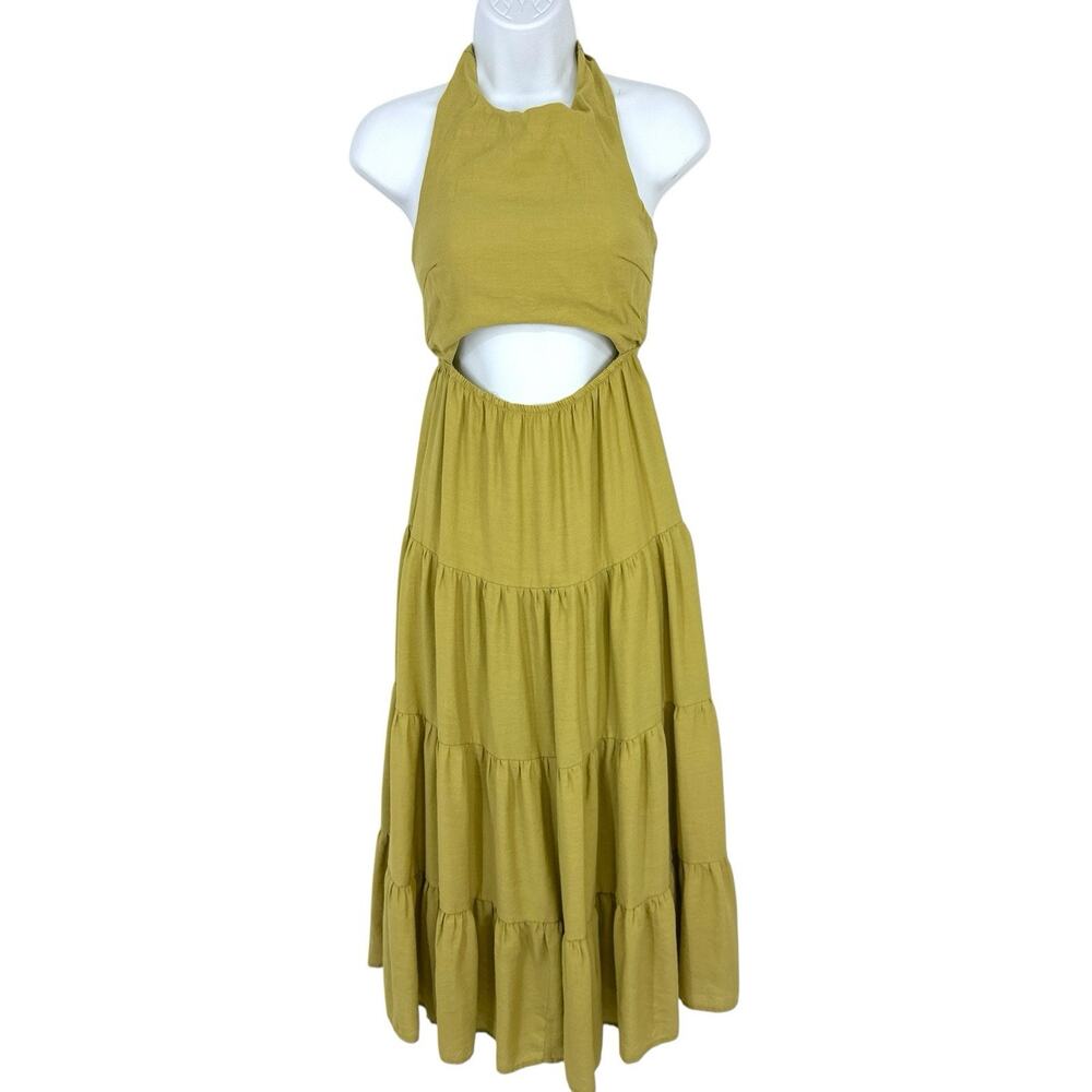 Le Lis Dress XS Green Tie Halter Neck Cutout Tiered Midi Boho Summer - Picture 2 of 8